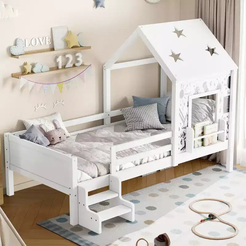 Lit cabane jumeau/double avec escalier et fenêtre, lit plateforme en bois massif avec bibliothèque pour enfants