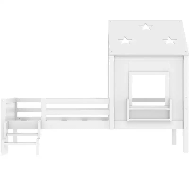 Lit cabane jumeau/double avec escalier et fenêtre, lit plateforme en bois massif avec bibliothèque pour enfants
