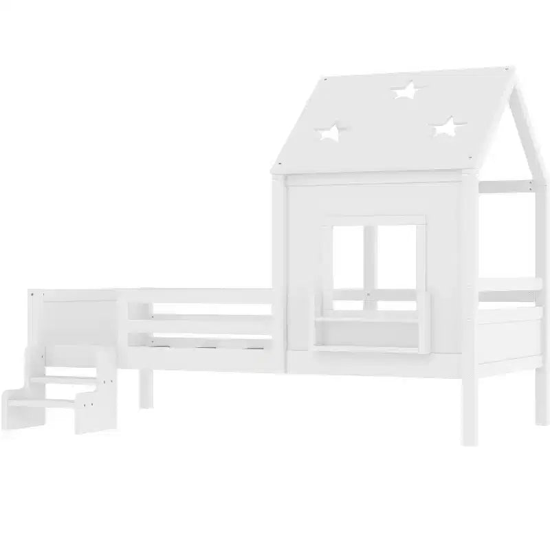 Lit cabane jumeau/double avec escalier et fenêtre, lit plateforme en bois massif avec bibliothèque pour enfants