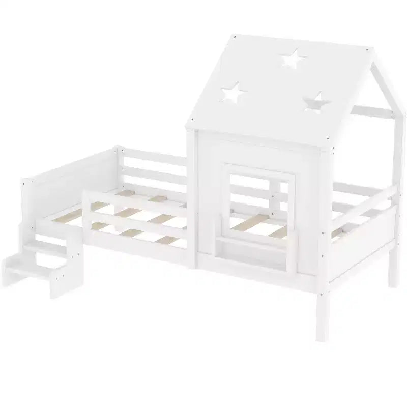 Lit cabane jumeau/double avec escalier et fenêtre, lit plateforme en bois massif avec bibliothèque pour enfants