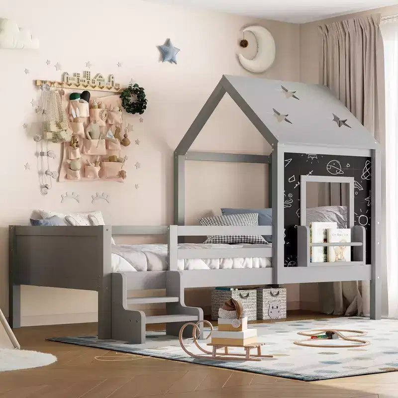 Lit cabane jumeau/double avec escalier et fenêtre, lit plateforme en bois massif avec bibliothèque pour enfants
