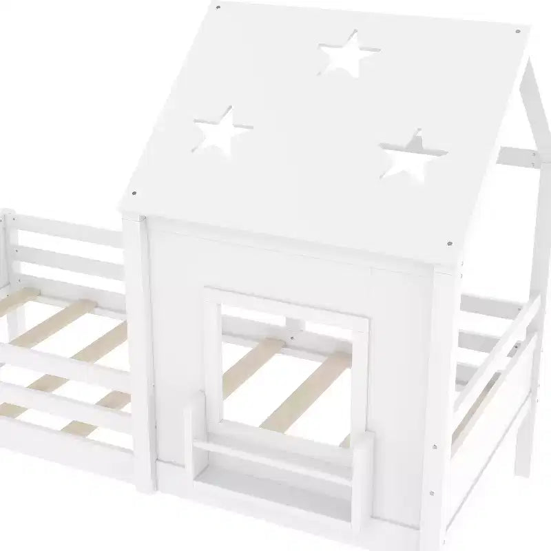 Lit cabane jumeau/double avec escalier et fenêtre, lit plateforme en bois massif avec bibliothèque pour enfants