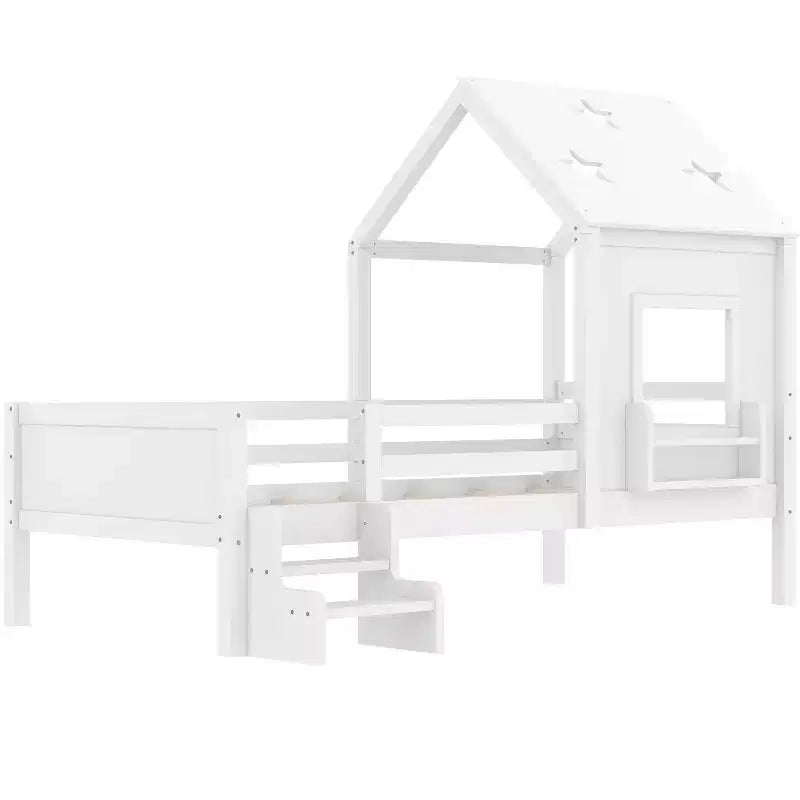 Lit cabane jumeau/double avec escalier et fenêtre, lit plateforme en bois massif avec bibliothèque pour enfants