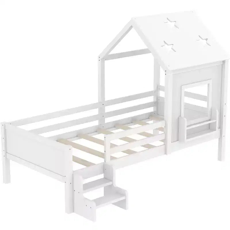 Lit cabane jumeau/double avec escalier et fenêtre, lit plateforme en bois massif avec bibliothèque pour enfants