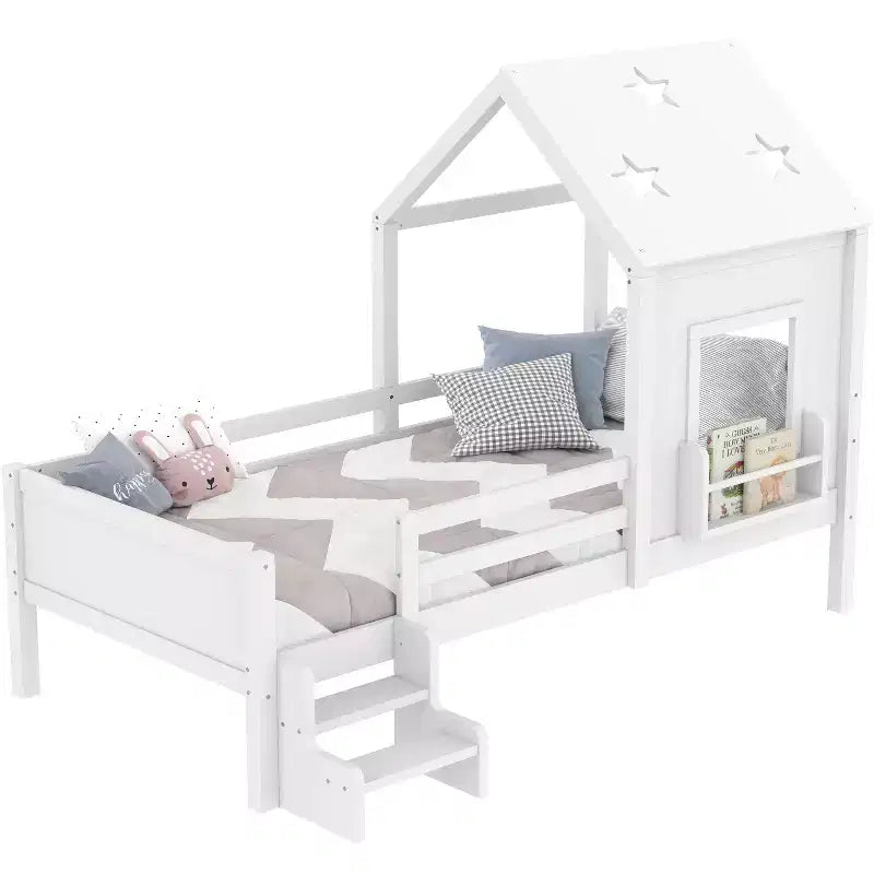 Lit cabane jumeau/double avec escalier et fenêtre, lit plateforme en bois massif avec bibliothèque pour enfants