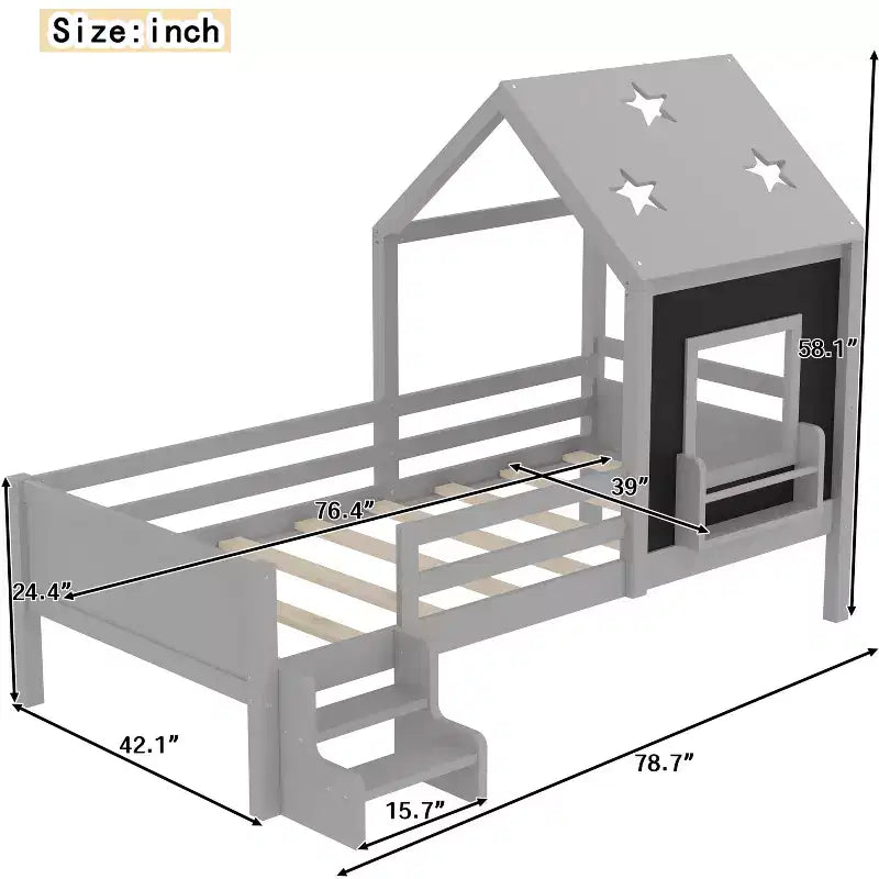 Lit cabane jumeau/double avec escalier et fenêtre, lit plateforme en bois massif avec bibliothèque pour enfants