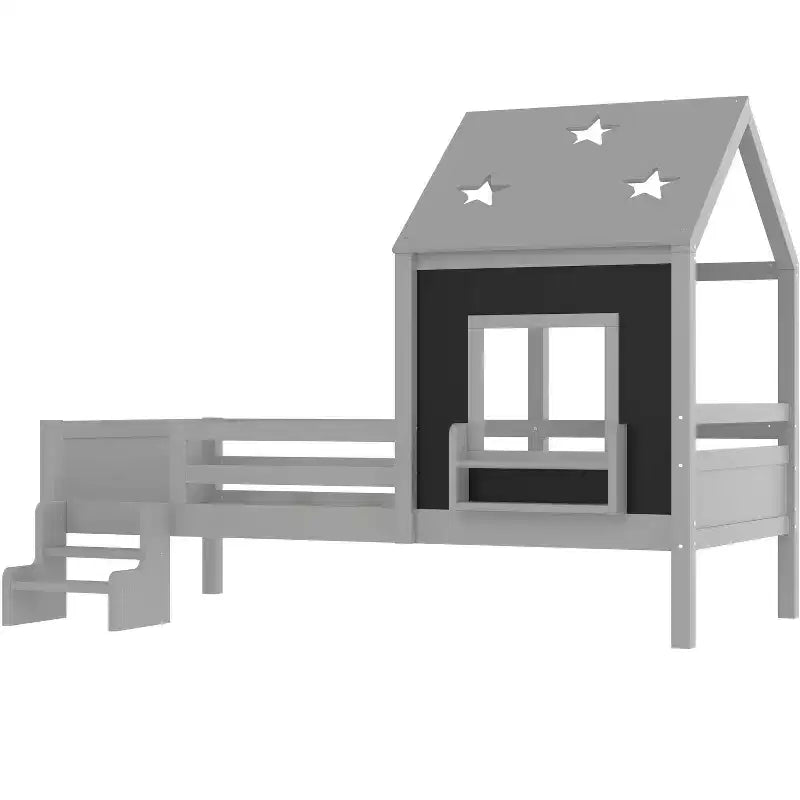Lit cabane jumeau/double avec escalier et fenêtre, lit plateforme en bois massif avec bibliothèque pour enfants
