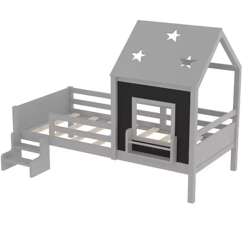 Lit cabane jumeau/double avec escalier et fenêtre, lit plateforme en bois massif avec bibliothèque pour enfants