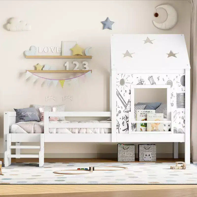 Lit cabane jumeau/double avec escalier et fenêtre, lit plateforme en bois massif avec bibliothèque pour enfants