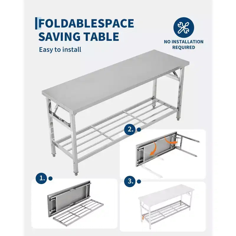 Table de Travail Pliante en Acier Inoxydable, Table en Métal avec Étagère Inférieure pour Cuisine, Garage, Usage Commercial, Maison