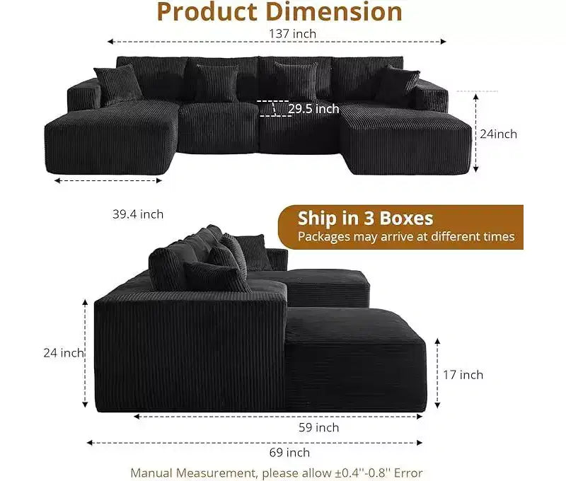 Canapé sectionnel modulaire en forme de U surdimensionné, canapé moderne en velours côtelé avec méridienne, canapé-lit confortable comme un nuage pour salon, noir