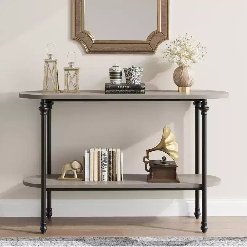 Narrow 2-Tier Industrial Entryway Console Table with Storage Shelf, Thin Behind Couch Sofa Table, Farmhouse Style
