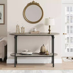 Console étroite de style industriel à 2 niveaux avec étagère de rangement, table d'appoint fine derrière un canapé, style ferme