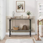 Console étroite de style industriel à 2 niveaux avec étagère de rangement, table d'appoint fine derrière un canapé, style ferme