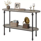 Console étroite de style industriel à 2 niveaux avec étagère de rangement, table d'appoint fine derrière un canapé, style ferme