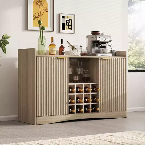 47W Modern Wine Bar Cabinet, Freestanding Coffee Bar Cabinet with 9 Glass Holders & 12 Wine Racks, Wooden Sideboard Buffet Cabinet, Brown