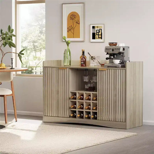 Meuble Bar à Vin Moderne 47W, Meuble Bar à Café Autonome avec 9 Supports à Verres et 12 Casier à Bouteilles, Buffet de Rangement en Bois, Marron