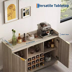 Meuble Bar à Vin Moderne 47W, Meuble Bar à Café Autonome avec 9 Supports à Verres et 12 Casier à Bouteilles, Buffet de Rangement en Bois, Marron