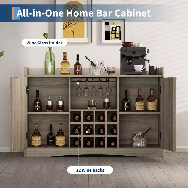 Meuble Bar à Vin Moderne 47W, Meuble Bar à Café Autonome avec 9 Supports à Verres et 12 Casier à Bouteilles, Buffet de Rangement en Bois, Marron
