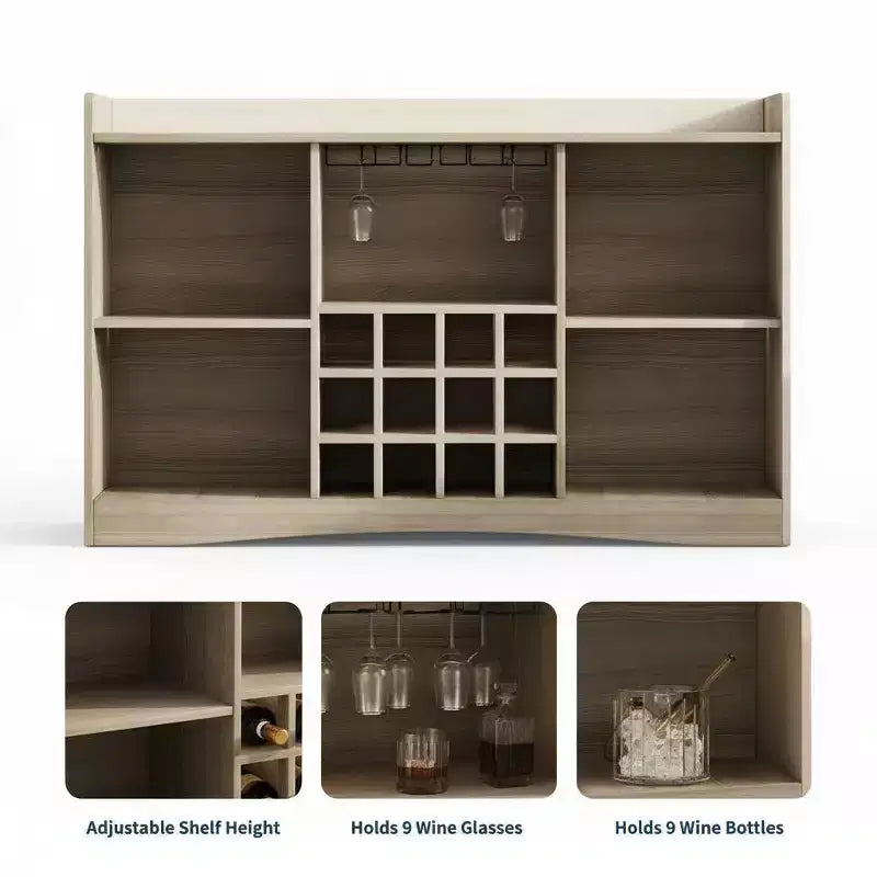 Meuble Bar à Vin Moderne 47W, Meuble Bar à Café Autonome avec 9 Supports à Verres et 12 Casier à Bouteilles, Buffet de Rangement en Bois, Marron