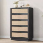 Commode 5 tiroirs en rotin, Armoire de rangement en bois tressé en rotin naturel, Commode en bois, Montage facile, pour couloirs et entrées