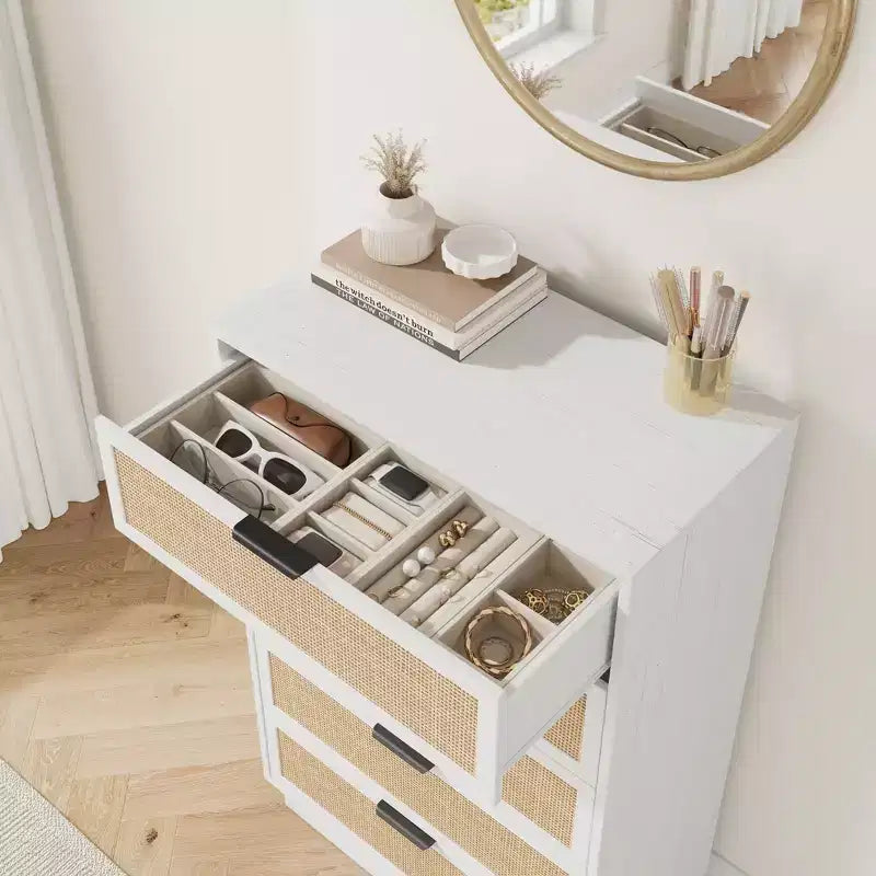 Commode 5 tiroirs en rotin, Armoire de rangement en bois tressé en rotin naturel, Commode en bois, Montage facile, pour couloirs et entrées