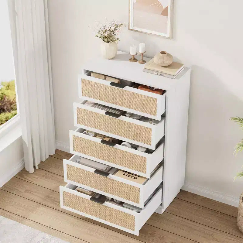 Commode 5 tiroirs en rotin, Armoire de rangement en bois tressé en rotin naturel, Commode en bois, Montage facile, pour couloirs et entrées