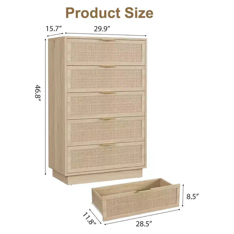 Commode 5 tiroirs en rotin, Armoire de rangement en bois tressé en rotin naturel, Commode en bois, Montage facile, pour couloirs et entrées