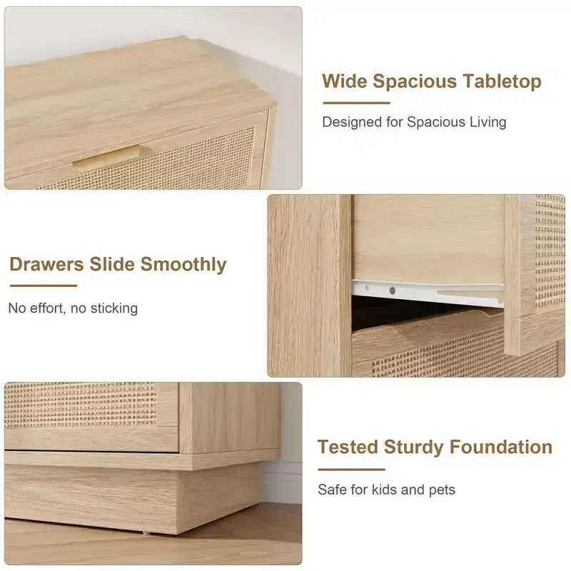 Commode 5 tiroirs en rotin, Armoire de rangement en bois tressé en rotin naturel, Commode en bois, Montage facile, pour couloirs et entrées