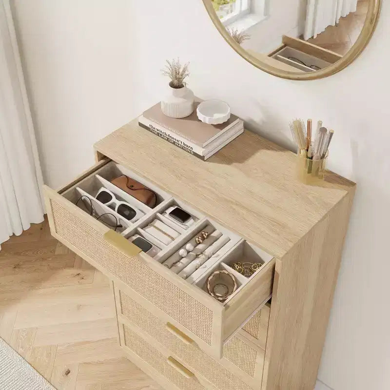 Commode 5 tiroirs en rotin, Armoire de rangement en bois tressé en rotin naturel, Commode en bois, Montage facile, pour couloirs et entrées