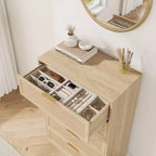 Commode 5 tiroirs en rotin, Armoire de rangement en bois tressé en rotin naturel, Commode en bois, Montage facile, pour couloirs et entrées