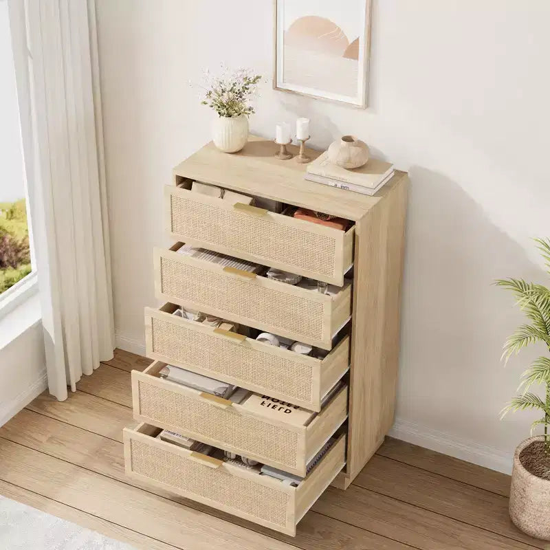 Commode 5 tiroirs en rotin, Armoire de rangement en bois tressé en rotin naturel, Commode en bois, Montage facile, pour couloirs et entrées