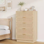 5 Drawer Rattan Dresser, Natural Rattan Weave Wooden Storage Cabinet, Wooden Chest, Easy Assembly, for Hallways, Entryways