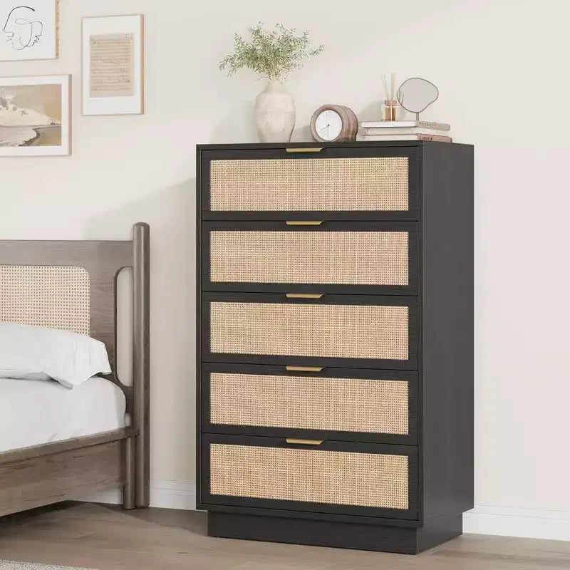 Commode 5 tiroirs en rotin, Armoire de rangement en bois tressé en rotin naturel, Commode en bois, Montage facile, pour couloirs et entrées