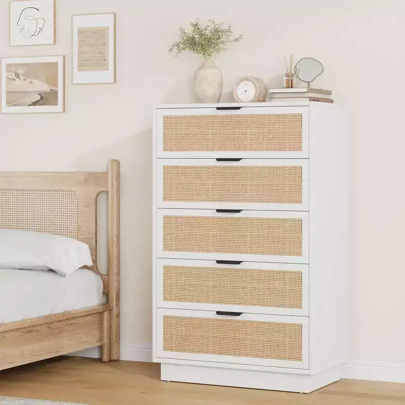 Commode 5 tiroirs en rotin, Armoire de rangement en bois tressé en rotin naturel, Commode en bois, Montage facile, pour couloirs et entrées