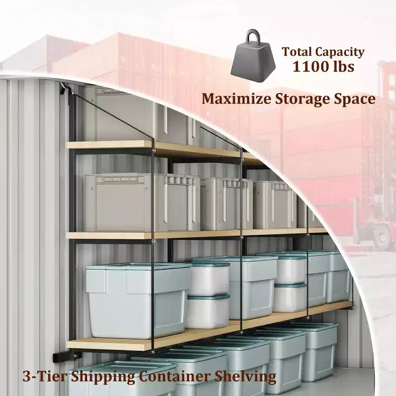 Support d'étagère réglable à 3 niveaux pour conteneur maritime avec anneau en D, capacité de 500 kg, acier noir, 56 cm P x 152 cm H, pour garage/atelier/marchandise, 1 pièce