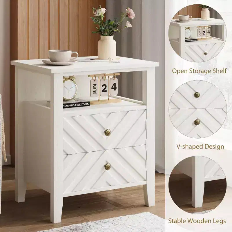 Table de chevet de ferme blanche avec 2 tiroirs de rangement, étagère ouverte éclairée et pieds en bois robustes pour chambre à coucher, salon, bureau