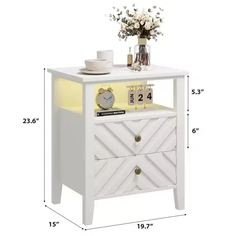 Table de chevet de ferme blanche avec 2 tiroirs de rangement, étagère ouverte éclairée et pieds en bois robustes pour chambre à coucher, salon, bureau