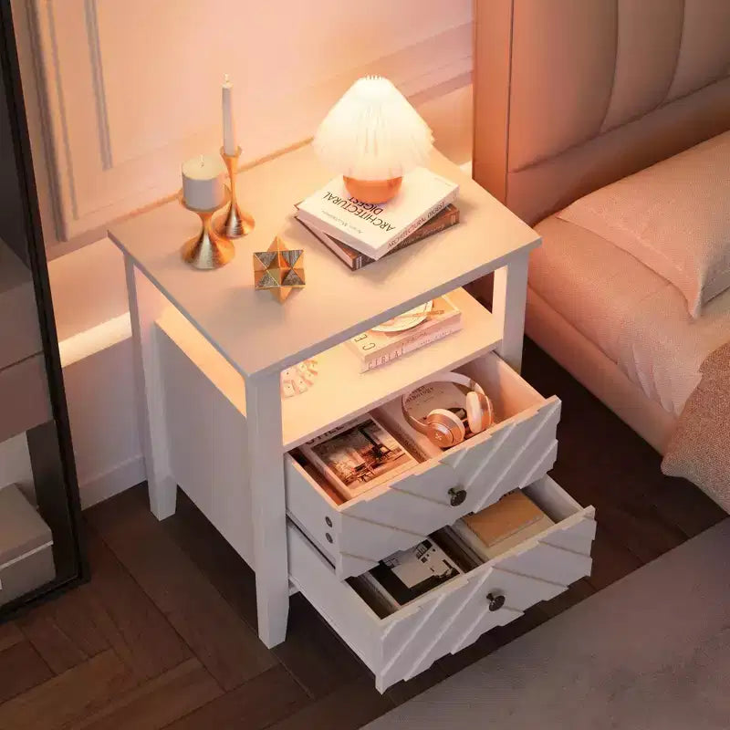 Table de chevet de ferme blanche avec 2 tiroirs de rangement, étagère ouverte éclairée et pieds en bois robustes pour chambre à coucher, salon, bureau
