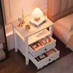 Table de chevet de ferme blanche avec 2 tiroirs de rangement, étagère ouverte éclairée et pieds en bois robustes pour chambre à coucher, salon, bureau