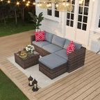 Ensemble de mobilier de patio 5 pièces, ensemble de patio toutes saisons - Sectionnel en rotin PE avec table en verre trempé, mobilier d'extérieur modulaire pour terrasses de piscine, marron