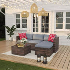 Ensemble de mobilier de patio 5 pièces, ensemble de patio toutes saisons - Sectionnel en rotin PE avec table en verre trempé, mobilier d'extérieur modulaire pour terrasses de piscine, marron