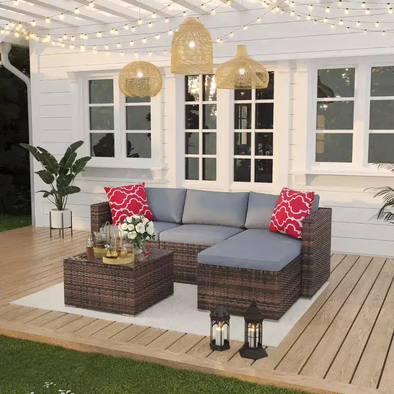 Ensemble de mobilier de patio 5 pièces, ensemble de patio toutes saisons - Sectionnel en rotin PE avec table en verre trempé, mobilier d'extérieur modulaire pour terrasses de piscine, marron