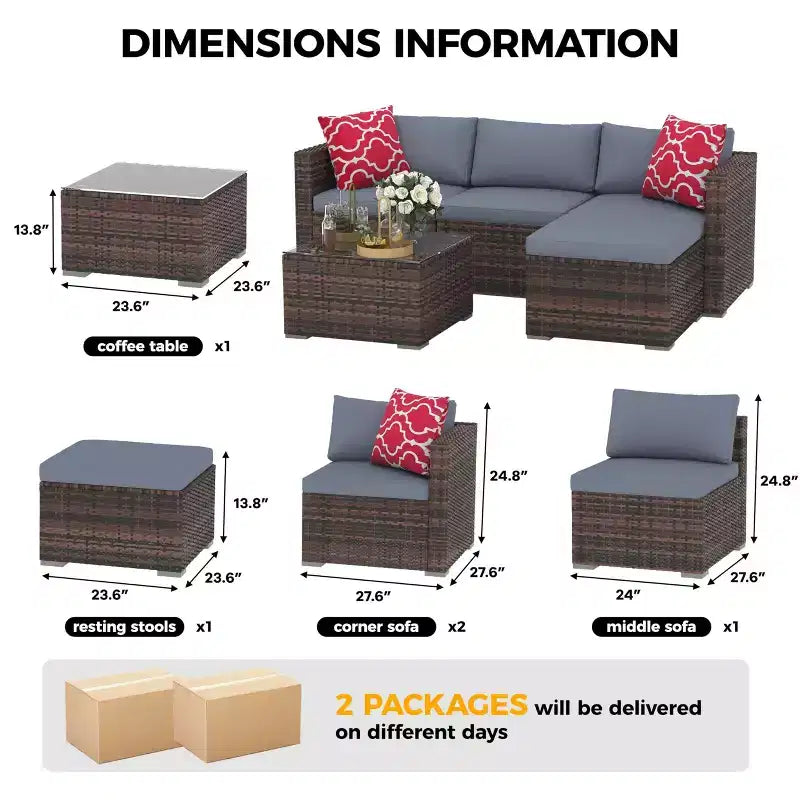 Ensemble de mobilier de patio 5 pièces, ensemble de patio toutes saisons - Sectionnel en rotin PE avec table en verre trempé, mobilier d'extérieur modulaire pour terrasses de piscine, marron