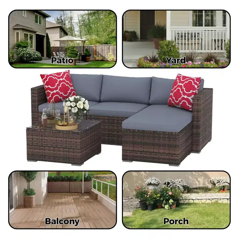 Ensemble de mobilier de patio 5 pièces, ensemble de patio toutes saisons - Sectionnel en rotin PE avec table en verre trempé, mobilier d'extérieur modulaire pour terrasses de piscine, marron