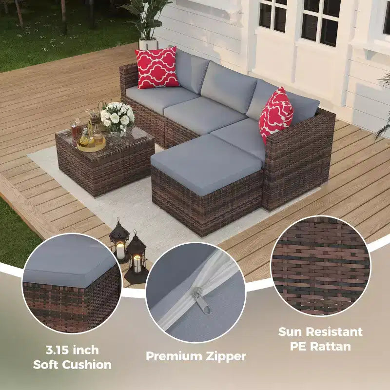 Ensemble de mobilier de patio 5 pièces, ensemble de patio toutes saisons - Sectionnel en rotin PE avec table en verre trempé, mobilier d'extérieur modulaire pour terrasses de piscine, marron