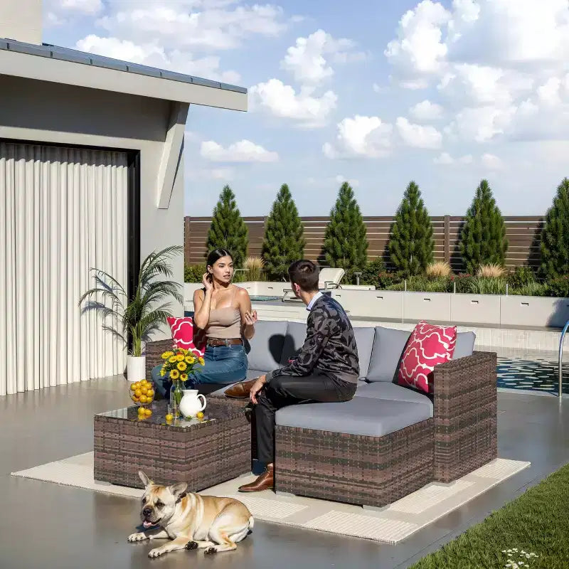 Ensemble de mobilier de patio 5 pièces, ensemble de patio toutes saisons - Sectionnel en rotin PE avec table en verre trempé, mobilier d'extérieur modulaire pour terrasses de piscine, marron