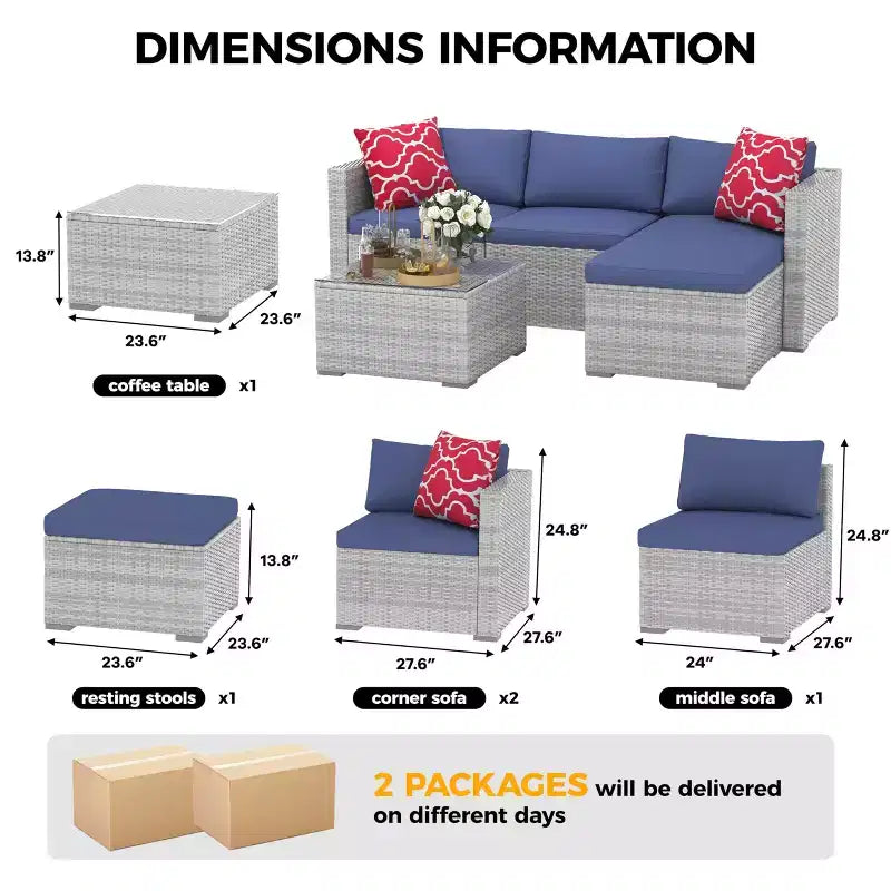 Ensemble de mobilier de patio 5 pièces, ensemble de patio toutes saisons - Sectionnel en rotin PE avec table en verre trempé, mobilier d'extérieur modulaire pour terrasses de piscine, marron