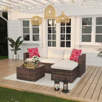 Ensemble de mobilier de patio 5 pièces, ensemble de patio toutes saisons - Sectionnel en rotin PE avec table en verre trempé, mobilier d'extérieur modulaire pour terrasses de piscine, marron
