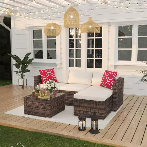 Ensemble de mobilier de patio 5 pièces, ensemble de patio toutes saisons - Sectionnel en rotin PE avec table en verre trempé, mobilier d'extérieur modulaire pour terrasses de piscine, marron
